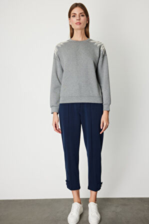 On Kadın Omuzları İncili Sweat 66338 Gri