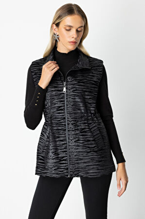 On Kadın Kadife Detaylı Dik Yaka Yelek 66919 Siyah