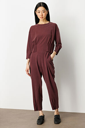 On Kadın Beli Lastikli Paçası Dikişli Pantolon 64409 Bordo