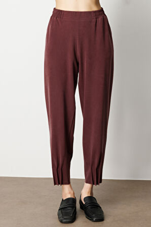 On Kadın Beli Lastikli Paçası Dikişli Pantolon 64409 Bordo