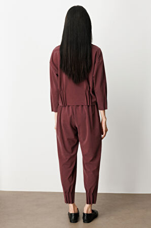 On Kadın Beli Lastikli Paçası Dikişli Pantolon 64409 Bordo