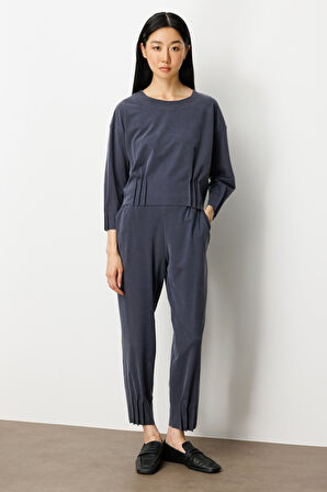 On Kadın Beli Lastikli Paçası Dikişli Pantolon 64409 Lacivert