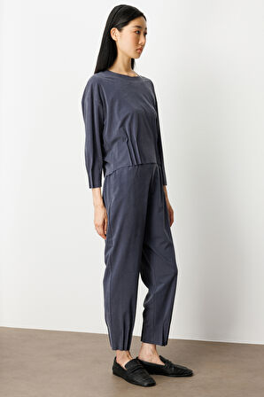 On Kadın Beli Lastikli Paçası Dikişli Pantolon 64409 Lacivert