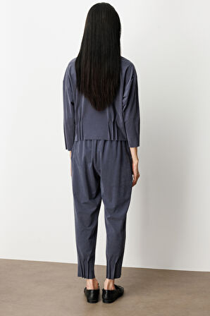 On Kadın Beli Lastikli Paçası Dikişli Pantolon 64409 Lacivert