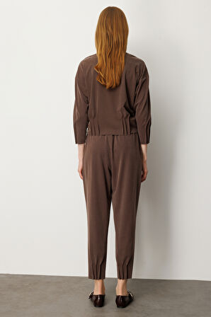 On Kadın Beli Lastikli Paçası Dikişli Pantolon 64409 Kahverengi