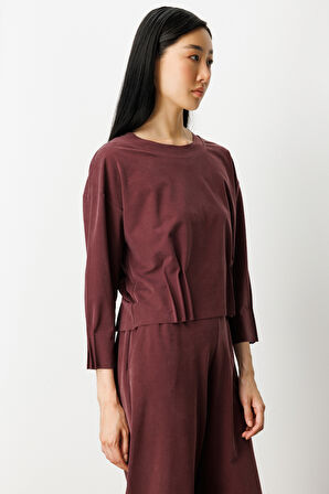 On Kadın Pile Detaylı Sıfır Yaka Bluz 64408 Bordo