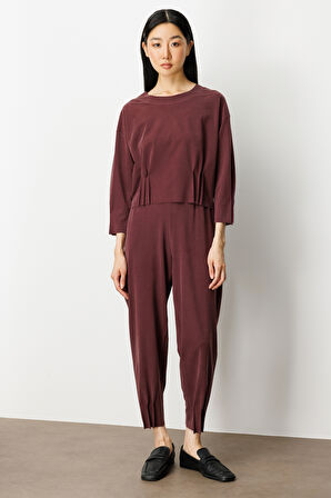 On Kadın Pile Detaylı Sıfır Yaka Bluz 64408 Bordo