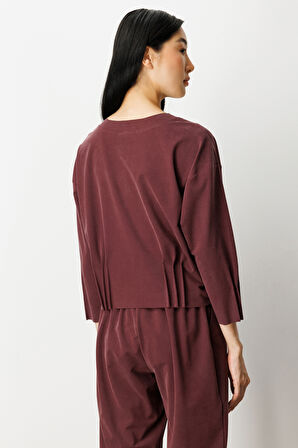 On Kadın Pile Detaylı Sıfır Yaka Bluz 64408 Bordo