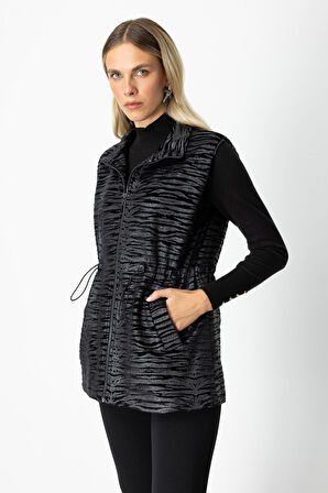 On Kadın Kadife Detaylı Dik Yaka Yelek 66919 Siyah