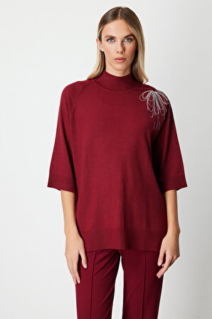 On Kadın Omzu Zincir İşlemeli Triko Kazak 65381 Bordo