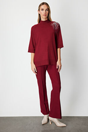 On Kadın Omzu Zincir İşlemeli Triko Kazak 65381 Bordo