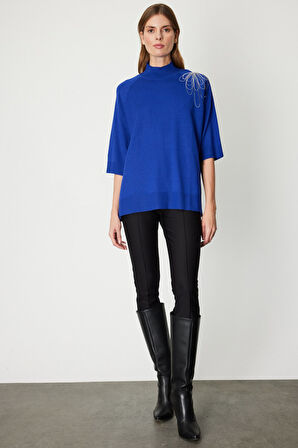 On Kadın Omzu Zincir İşlemeli Triko Kazak 65381 Saks