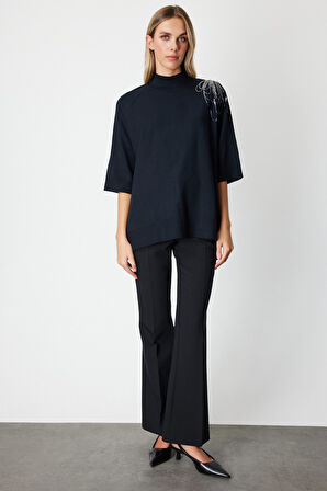 On Kadın Omzu Zincir İşlemeli Triko Kazak 65381 Siyah