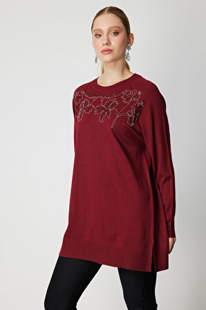 On Kadın Önü Zincirli Desenli Uzun Triko Kazak 65387 Bordo