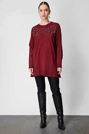 On Kadın Önü Zincirli Desenli Uzun Triko Kazak 65387 Bordo