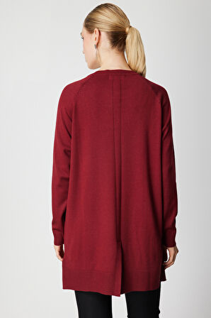 On Kadın Önü Zincirli Desenli Uzun Triko Kazak 65387 Bordo