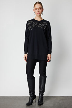 On Kadın Önü Zincirli Desenli Uzun Triko Kazak 65387 Siyah