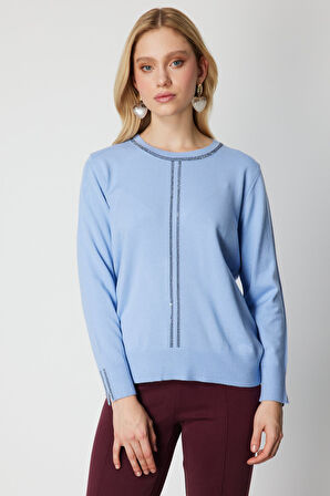 On Kadın Taş İşlemeli Triko Kazak 65397 Bulut