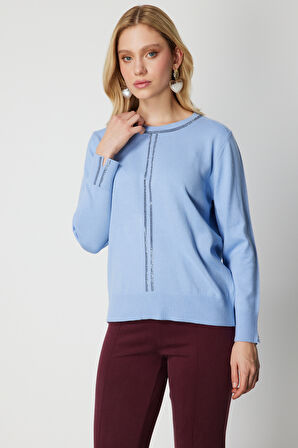 On Kadın Taş İşlemeli Triko Kazak 65397 Bulut