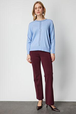 On Kadın Taş İşlemeli Triko Kazak 65397 Bulut