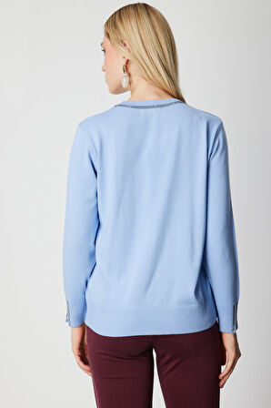 On Kadın Taş İşlemeli Triko Kazak 65397 Bulut