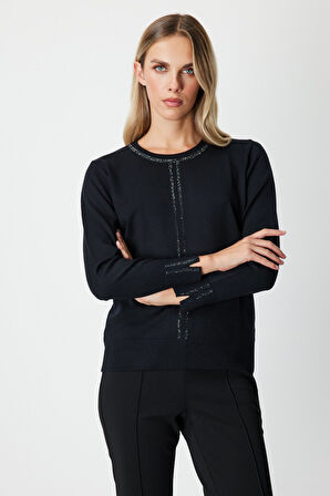 On Kadın Taş İşlemeli Triko Kazak 65397 Siyah