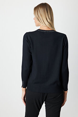 On Kadın Taş İşlemeli Triko Kazak 65397 Siyah