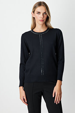 On Kadın Taş İşlemeli Triko Kazak 65397 Siyah