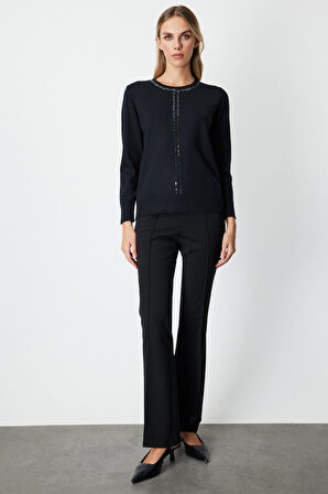 On Kadın Taş İşlemeli Triko Kazak 65397 Siyah