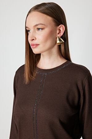 On Kadın Taş İşlemeli Triko Kazak 65397 Kahverengi