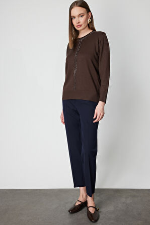 On Kadın Taş İşlemeli Triko Kazak 65397 Kahverengi