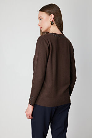 On Kadın Taş İşlemeli Triko Kazak 65397 Kahverengi