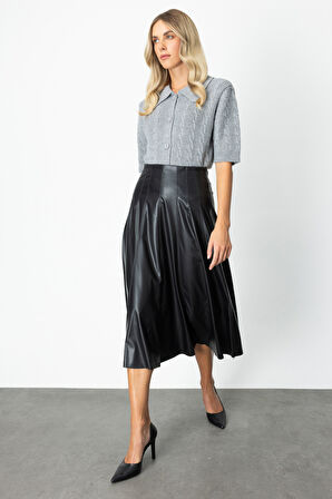 On Kadın Dikiş Detaylı Midi Boy Deri Etek 64201 Siyah