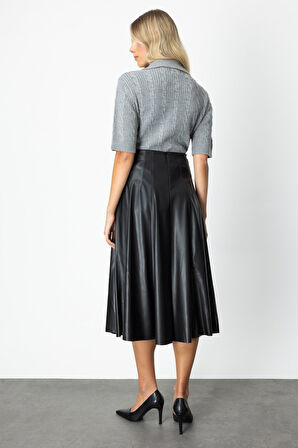On Kadın Dikiş Detaylı Midi Boy Deri Etek 64201 Siyah