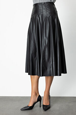 On Kadın Dikiş Detaylı Midi Boy Deri Etek 64201 Siyah