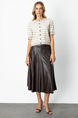 On Kadın Dikiş Detaylı Midi Boy Deri Etek 64201 Kahverengi