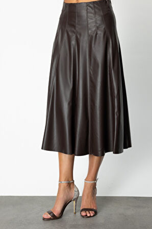 On Kadın Dikiş Detaylı Midi Boy Deri Etek 64201 Kahverengi