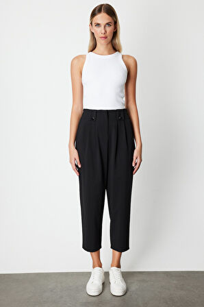 On Kadın Pile Detaylı Paraşüt Kumaş Pantolon 64135 Siyah