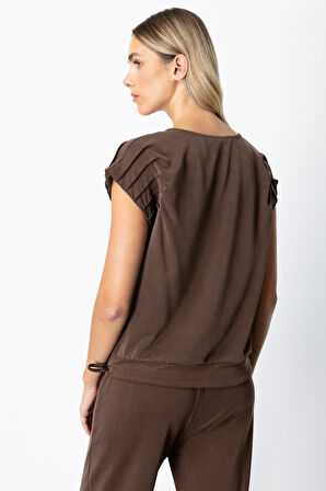 On Kadın Sıfır Yaka Kolları Dikişli Bluz 66355 Kahverengi