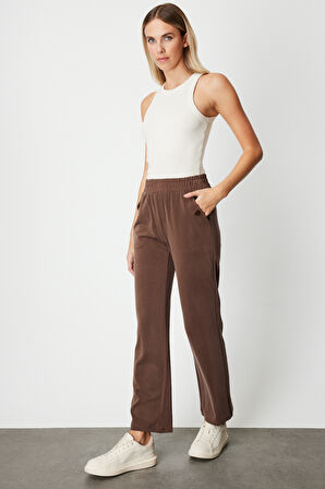 On Kadın Cebi Düğme Detaylı Eşofman Altı 66107 Kahverengi