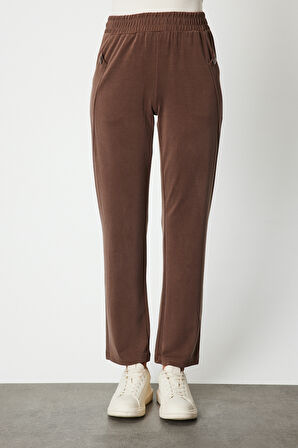 On Kadın Cebi Düğme Detaylı Eşofman Altı 66107 Kahverengi