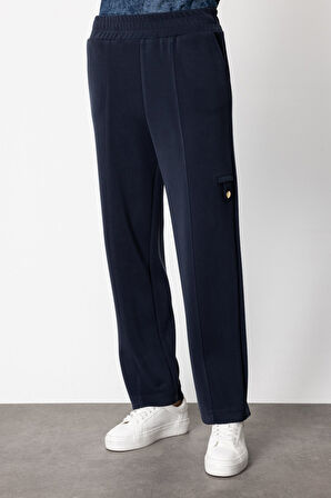 On Kadın Düğme Detaylı Bol Paça Eşofman Altı 64149 Lacivert