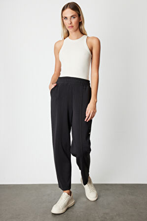 On Kadın Düğme Detaylı Bol Paça Eşofman Altı 64149 Siyah