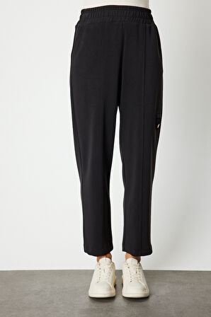 On Kadın Düğme Detaylı Bol Paça Eşofman Altı 64149 Siyah