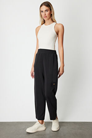 On Kadın Düğme Detaylı Bol Paça Eşofman Altı 64149 Siyah