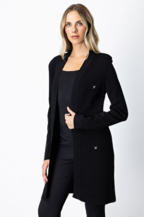 On Kadın Zımbalı Uzun Hırka 69917 Siyah