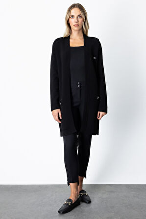 On Kadın Zımbalı Uzun Hırka 69917 Siyah