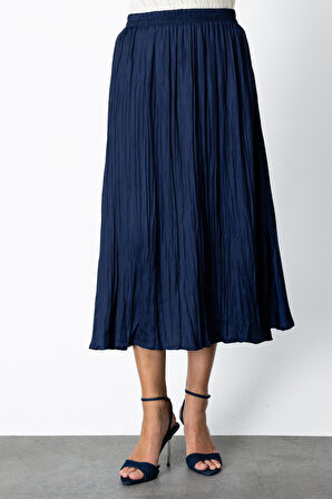 On Kadın Kırışık Görünümlü Midi Etek 64209 Lacivert