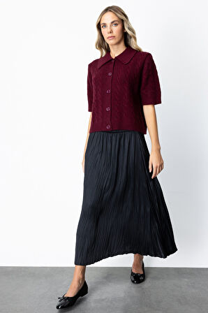 On Kadın Kırışık Görünümlü Midi Etek 64209 Siyah