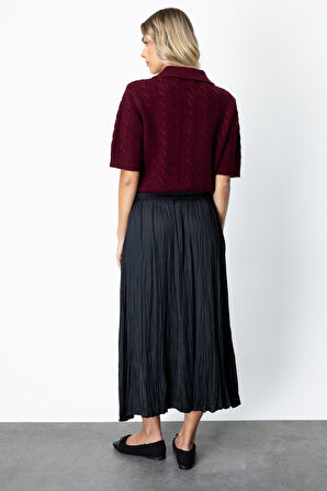 On Kadın Kırışık Görünümlü Midi Etek 64209 Siyah